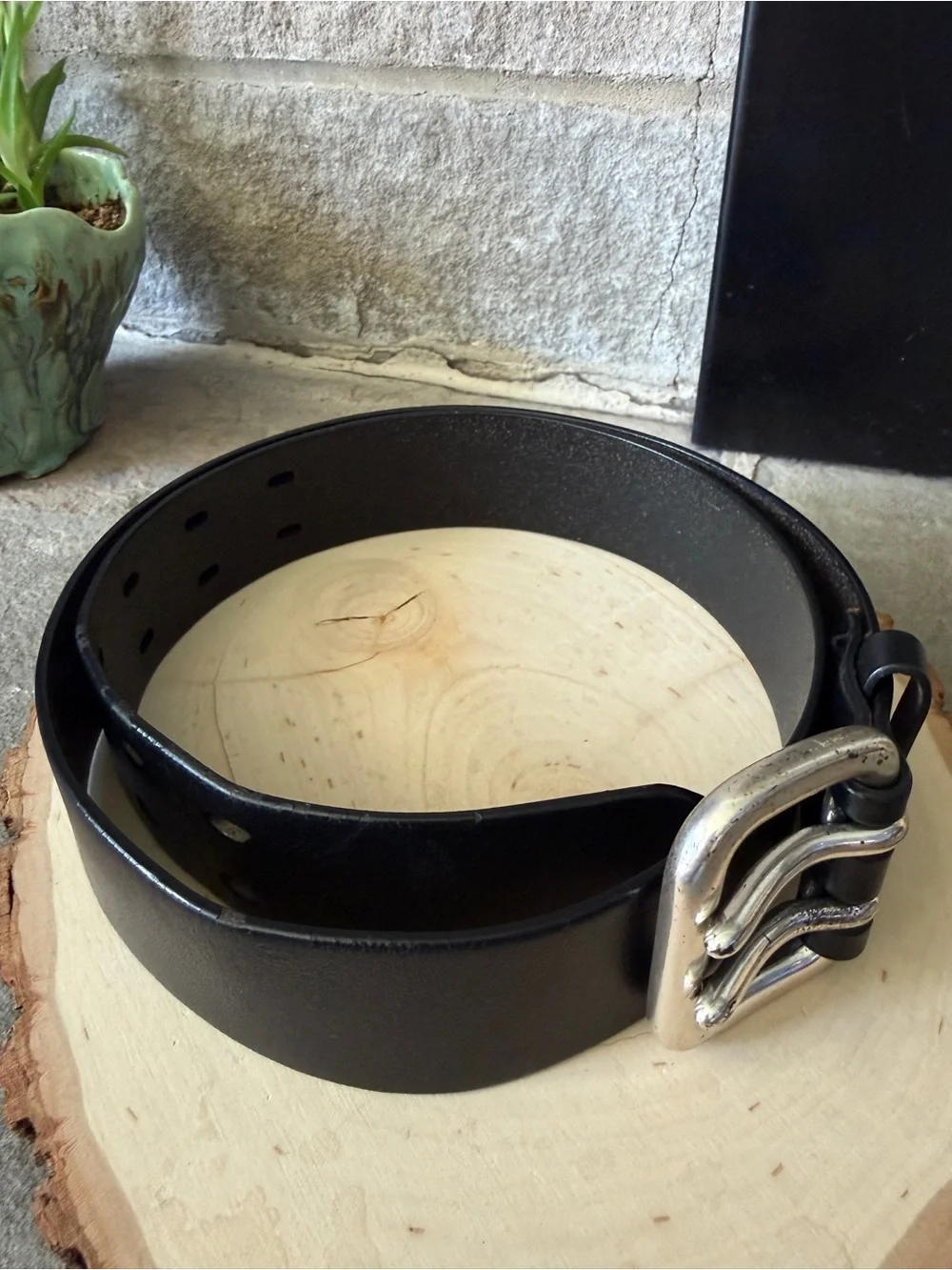 Express Black Leather Belt with Silver Double Prong Buckle Size S/30